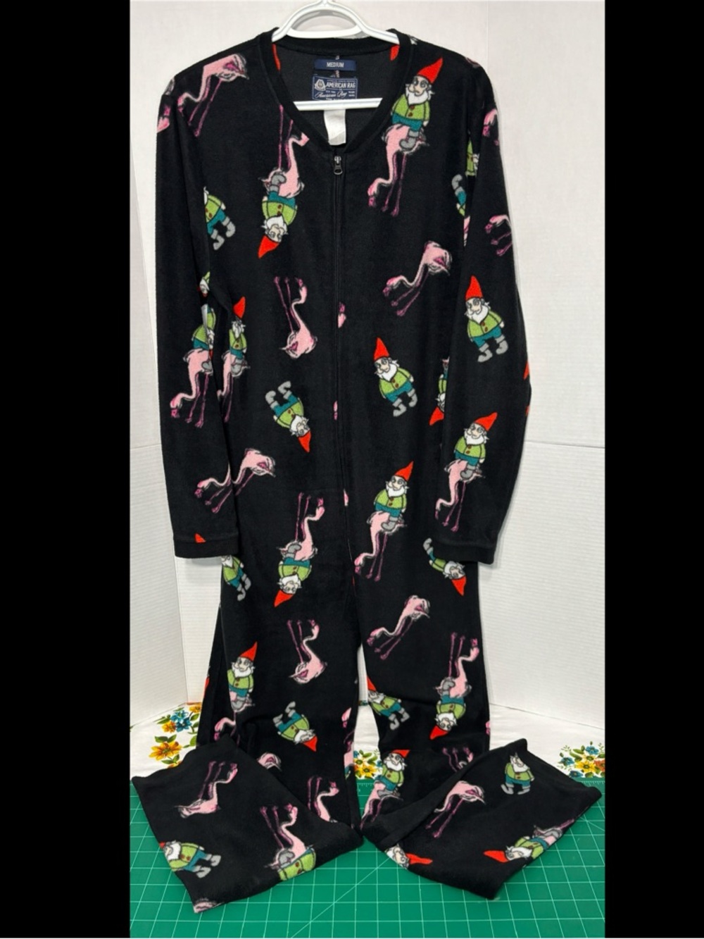 American Rag sz Med Onesie Pajamas Gnomes Riding Flamingoes Zipper Front